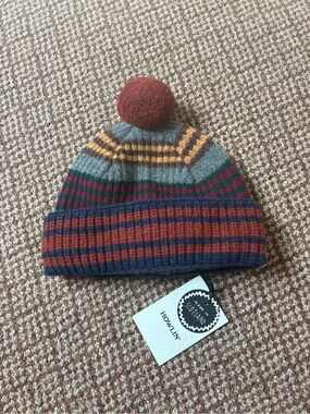 Howlin Striped Wool Pom Beanie in Rust & Grey